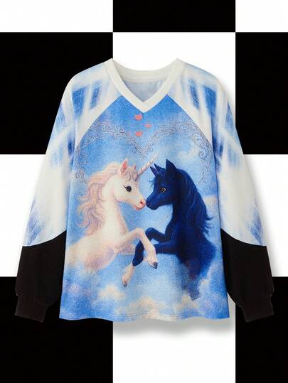 Y2Kool Maria Clara Maia Blusa de manga larga holgada con cuello en V, estampado de patchwork de colores contrastantes, unicornio, píxeles y corazón, estilo Y2K, adecuada para fiestas, reuniones y uso diario en otoño/invierno. Colección de ropa de estilo camisa azul de manga larga para Año Nuevo