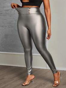 SHEIN PETITE CURVE Plus Size Women Black High Waist Leather Skinny Pants For Fall And Winter - Khaki - View 5