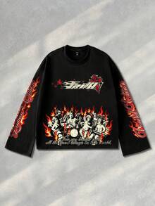 ROMWE MEN Street Life Men's Crew Neck Long Sleeve Versatile Religious Creative Graphic Print Pullover Sweatshirt - Black - View 1