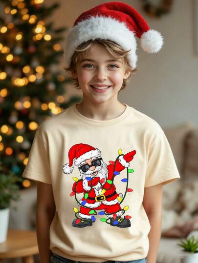 青少年男孩圣诞快乐！圣诞节 - 休闲、时尚、创意圣诞老人灯光设计印花短袖T恤，舒适贴身，适合圣诞派对和外出活动。