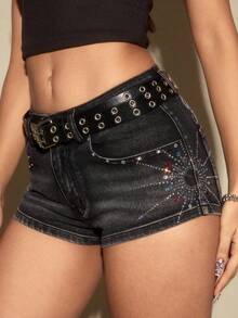ROMWE Avant Shorts vaqueros mini de talle súper bajo con decoración de cristales, estilo retro Y2K sexy para mujer - Negro - Ver 5