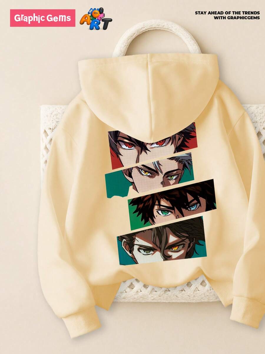 GraphicGems 男童连帽卫衣，动漫人物图案印花，休闲日常穿着，时尚百搭，秋冬 - 杏色 - 查看 1