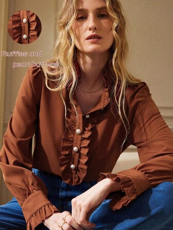 Écloséra Fransk retro broderi brun lotusbladskrage lotusbladsärmar figurnära damskjorta i enfärgad långärmad passande för eleganta fester och hovsammankomster daglig pendling damkläder för lärare