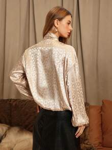 Glamine Charm Elegant Leopard Jacquard Bowknot Neck Top, Luxurious New Autumn Style - Gold - View 2