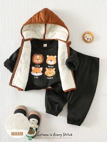 Cozy Pixies 男婴三件套服装：圆领长袖卫衣、松紧腰裤、无袖背心、加厚抓绒外套、动物纹卫衣套装 - 黑色 - 查看 4