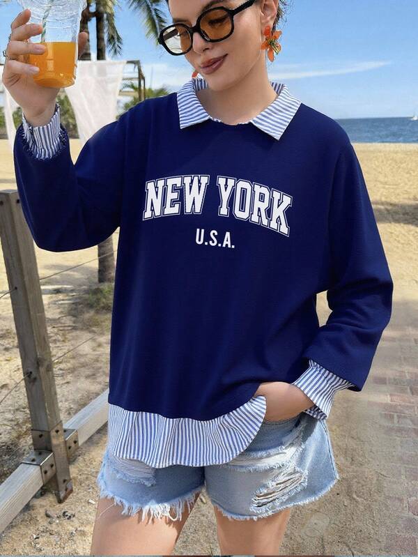 Veykashi College-Stil Zurück zur Schulsaison New York Print Große Größen Damen Gestreiftes Revers Langarm Casual Patchwork Sweatshirt Winter Herbst