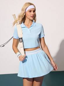 Gameset SHEIN Sport 女式撞色镶边短袖短款运动 Polo 衫 - 藍色 - 查看 7