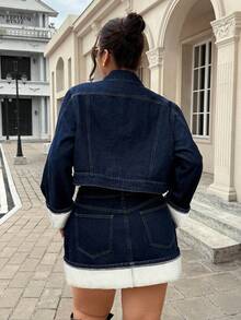 SHEIN ICON Plus Size Vintage Rolled Cuff Dark Blue Denim Jacket - Blue - View 2