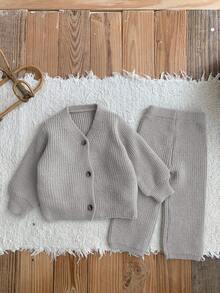 SHEIN LMoss Kids LMoss 女婴两件套开衫和阔腿裤针织装，适合秋冬季户外休闲场合 - 灰色 - 查看 7