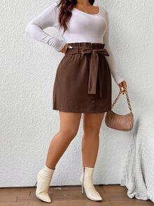 SHEIN Frenchy Váy thắt nút lưng cao màu trơn cỡ lớn thời trang thường ngày - Cà phê nâu - Xem 6