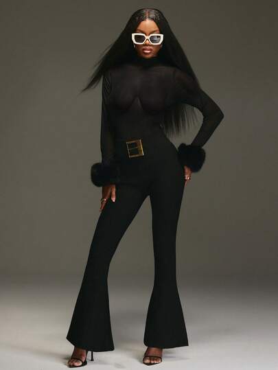 NYA SZN Pantalón NYA SZN - Pantalón negro acampanado de punto elástico de talle alto con hebilla para outfits de otoño e invierno para mujeres