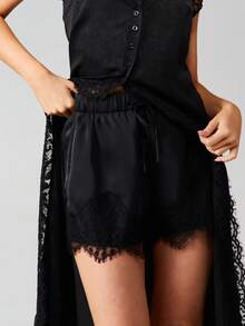 MISSGUIDED High Waist Lace Trim Shorts With Long Overlay Skirt - Layered Festival Summer Bottoms - Black - View 6