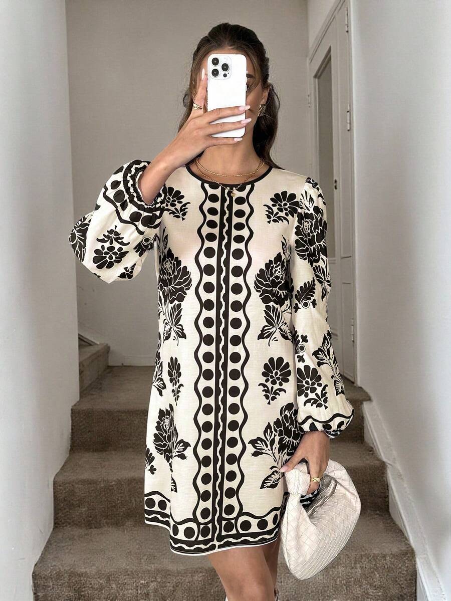 SHEIN LUNE 女式撞色印花圆领长袖连衣裙 - 黑色 - 查看 1