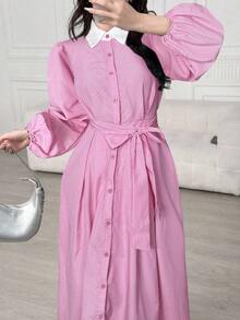 Modelyn Women's Elegant Commuting Striped Puff Sleeve Dress - Pink - View 5