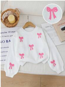 SHEIN 1pc Girls' Sweater,White,Autumn,Cute,Holiday,Back-To-School,Round Neck Embroidered 3D Bow Design Jumper,Soft Comfortable Clothes For Autumn/Winter - White - View 7