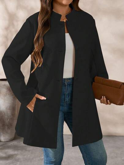 SHEIN Tall CURVE Women's Plus Size Slim Fit Mandarin Collar Long Sleeve Overcoat, Autumn/Winter