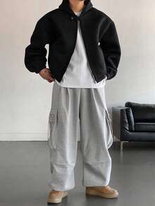 DAZY 男士厚款短款连帽卫衣，纽扣门襟设计，黑色，秋冬 - 黑色 - 查看 2