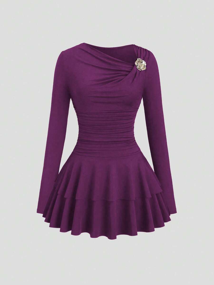 SHEIN PETITE Women's Autumn/Winter Coffee Color Asymmetric Long Sleeve Metal Decor Layered Ruffle Hem Mini Dress - Purple - View 1