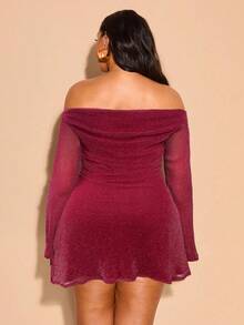 SHEIN Tall CURVE Plus Size Women's Elegant Glitter Off Shoulder Ruched Bell Sleeve Dress, Mini Burgundy Autumn Classy Party Dress For Graduation,Wedding,Evening - Red - View 2