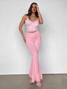 Sweetina Women's Casual Pink Fashion Cute Simple Solid Color Overlap Waist Bow Decor Multi-Layer Ruffle Hem Flare Pants - Pink - View 3