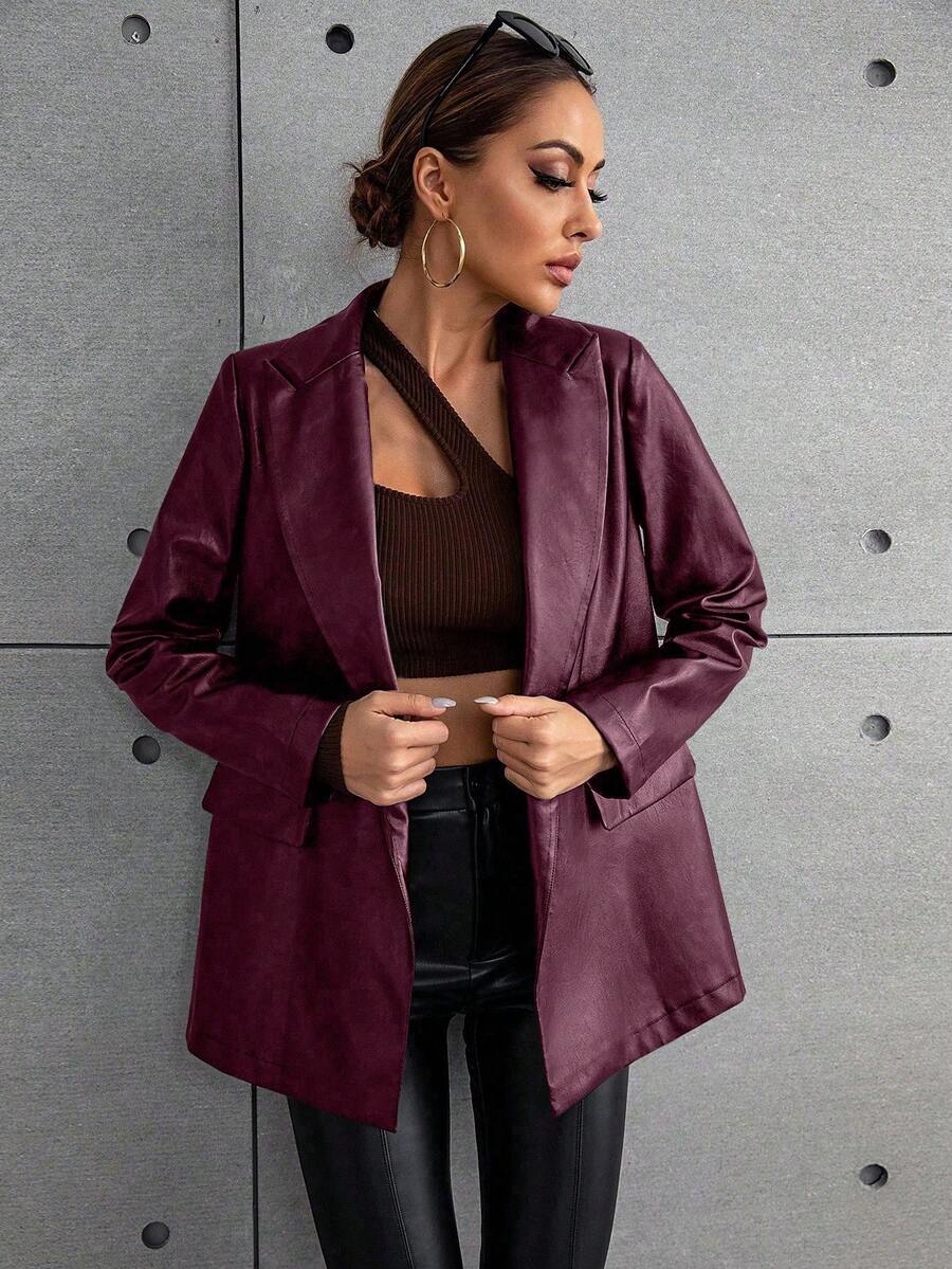 Airlisse Áo khoác blazer dài tay đơn sắc tối giản thường ngày dành cho nữ - Màu Đỏ Sâu - Xem 1