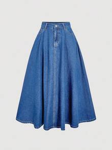 SHEIN MOD Váy mini denim thường ngày viền bèo nhún thắt lưng màu xanh thời trang dành cho nữ, đa năng cho mùa hè - Rửa trung bình - Xem 1