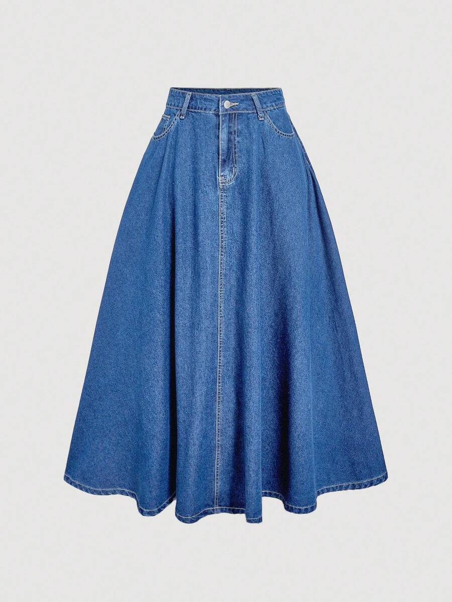 SHEIN MOD Váy mini denim thường ngày viền bèo nhún thắt lưng màu xanh thời trang dành cho nữ, đa năng cho mùa hè - Rửa trung bình - Xem 1