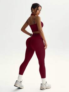 Dewbera 女式纯色露背无袖短款修身休闲健身运动服套装 - 酒紅色 - 查看 6