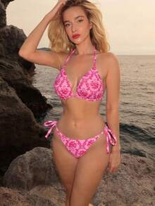 Swim Mod Summer Beach Ladies' Floral Print Halter Neck Bikini Set Valentine - Pink - View 1
