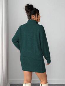 Elenzga Plus Size Women 2-Piece Set, Loose Long Sleeve Solid Color Turtleneck Sweater Top & Super Short Sexy Sweater Dress, Casual & Sweet Korean Style - Dark Green - View 2