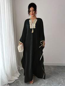 Rafferiza Women's V-Neck Fringe Design Batwing Sleeve Loose Long Dress Clothes For University - Black - View 4