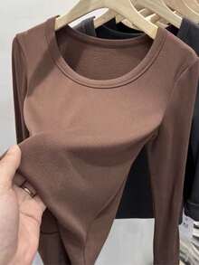 Resyla Women's Casual Thermal Lined Crew Neck Long Sleeve T-Shirt, Autumn/Winter - Coffee Brown - View 2