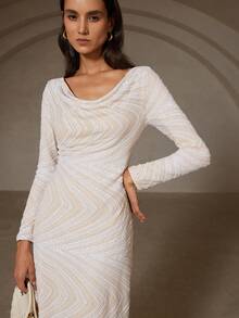 BELROSIE Elegantes Herbstkleid mit Pailletten, schmalsitzend, mit drapiertem Ausschnitt und Langarm, britischer Stil - Aprikosenfarben - Übersicht 1
