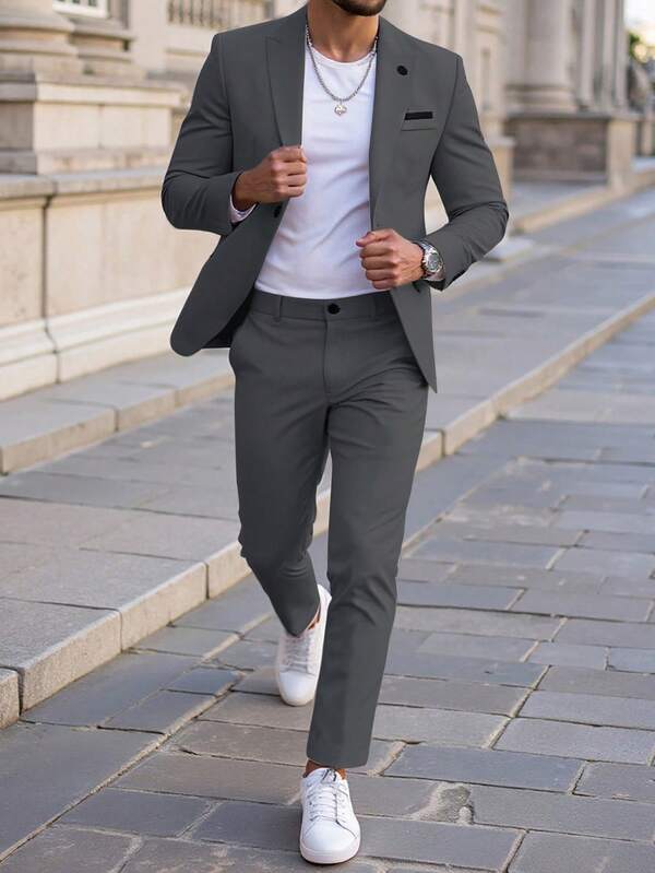 Manfinity Mode بدلة رجالية كاجوال بلون أحادي، كم طويل، ياقة عادية، بدلة رمادية