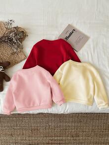 SHEIN 3 件装女婴休闲简约心形字母图案宽松加厚保暖内衬长袖连帽衫，白色、米色、卡其色，适合秋冬季