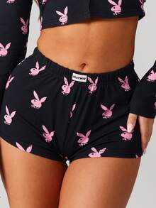 Missguided x Playboy Conjunto de top corto de manga larga y shorts a juego de Navidad - Negro - Ver 3