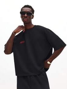 SUMWON Oversized Statement Text T-Shirt Legacy In Progress Short Sleeve Crew Neck Cotton Casual Streetwear Plain - Black - View 4
