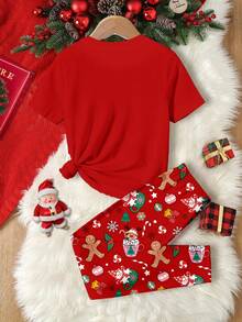 圣诞系列、红色圣诞节、复古趣味驯鹿、圣诞树、雪花、雪人图案印花、少女休闲简约舒适柔软短袖睡衣套装、适合舒适家居服、圣诞睡衣派对、女童睡衣套装、红色圣诞睡衣、舒适单人睡衣、短袖舒适两件套睡衣、圣诞睡衣 - 彩色 - 查看 2