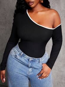 SHEIN SXY 大码女式不对称露肩撞色长袖紧身弹力针织连体衣，适合秋冬季休闲外出穿着 - 黑與白 - 查看 8