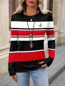EMERY ROSE Casual Women's Striped Long-Sleeved T-Shirt, Autumn And Winter Fashion Bottoming Shirt