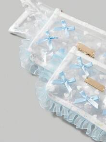 ROMWE Kawaii 1 件心形蝴蝶结珍珠链装饰 PVC 透明蕾丝手提包化妆包零钱包耳机口红首饰收纳盒，旅行礼物 - 藍色 - 查看 7