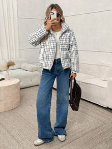 SHEIN LUNE 女士休闲宽松优雅棉质立领夹克，抽绳下摆，绗缝纹理，格子图案，粗花呢面料，适合通勤 - 黑與白 - 查看 3