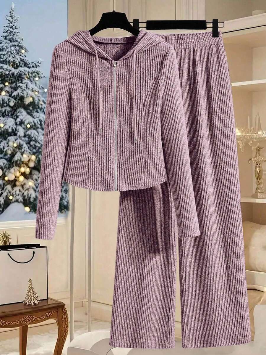 Franclia 秋季女士休闲罗纹拉链连帽衫和裤子两件套 - 紅木色 - 查看 1