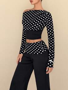 Rafferiza 女士波点印花短款拼接斜肩T恤和裤子两件套 - 黑與白 - 查看 4