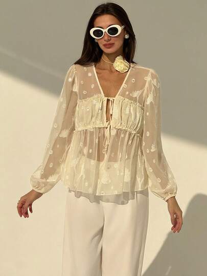 Aloruh Apricot Romantic Date New Autumn/Winter Textured Open Front Tie V-Neck Ruched Flounce Puff Sleeve Loose Women Blouse