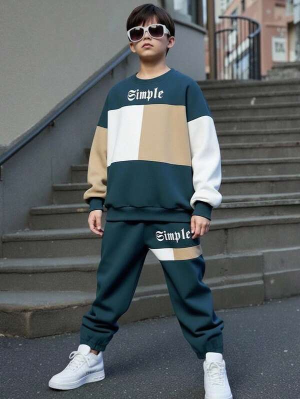 2pcs Tween Boys Casual Comfortable Sports Style Cartoon Pattern Collegiate Striped Colorblock Loose Fit Crew Neck Sweatshirt Set, Suitable For Autumn/Winter