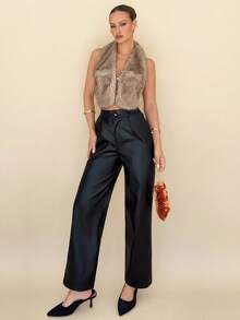 Chiquease Áo croptop cổ yếm buộc dây giả lông thú phong cách Y2K gợi cảm, áo lông thú nữ, áo mở phía trước, áo quàng cổ - màu nâu - Xem 3