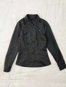 SHEIN EZwear 復古學院風刺繡貼布襯衫，黑白條紋休閒修身長袖，適合秋季、學校、返校季、Y2K、可愛 - 彩色 - 查看 6