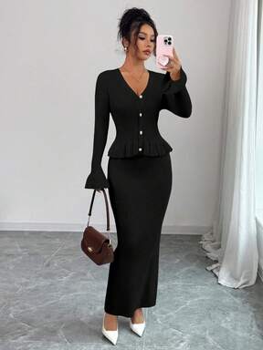 Elenzga Ruffled V-Neck Knit Cardigan & Bodycon Skirt Set For Women