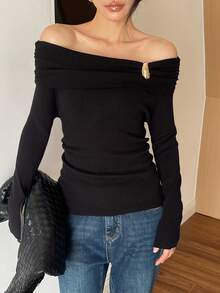 DAZY Pull femme élégant à épaules dénudées avec décoration métallique, design minimaliste casual chic, convient pour le trajet, automne/hiver - Noir - Voir 5